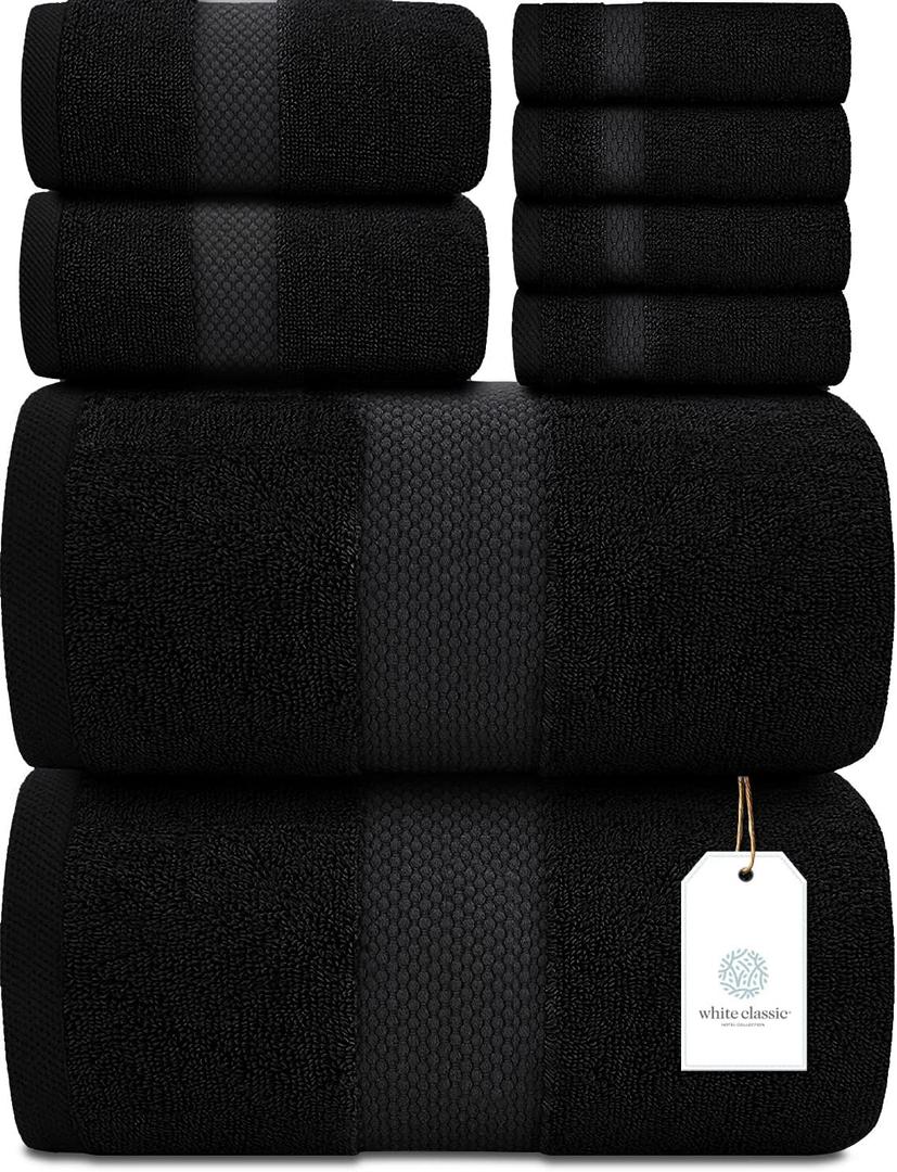 White Classic Luxury Bath Towel Set of 8 Pieces - 100% Turkish Cotton Highly Absorbent Towels for Bathroom, 2 Luxury Bath Towels 700GSM, 2 Hand Towels, 4 Washcloths, Black