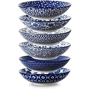 Selamica Porcelain 40oz Large Bowls 9 inch Big Pasta Salad Bowls, Microwave and Oven Safe, Vintage Blue, Set of 4