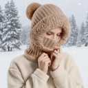 3 in 1 Beanie Hat for Women - 2025 New 3 in 1 Beanie Hat with Scarf and Mask, Fleece Lined Knit Windproof Scarf Hat (Black)