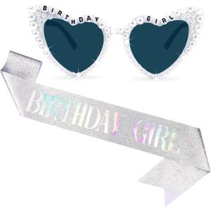 Birthday Girl Sash & Glasses Set, Birthday Sash for Women Girls, Silver 70.8" x 3.75", Happy Birthday Accessories Party Favors Set for Women Girls