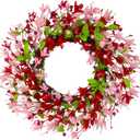 20 Inch Valentine's Day Wreath, Valentines Day Wreaths for Front Door with Pink Forsythia Flowers, Heart Shaped Berries and Green Leaves for Window, Wall and Anniversary Party Decorations