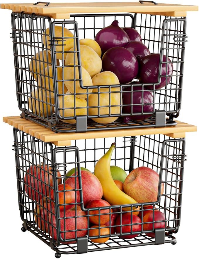 Wire Storage Basket for Kitchen Pantry: GGIU Stackable Kitchen Counter Organizers  Wire Organizing Bin for Produce Vegetable Potato and Onion Black
