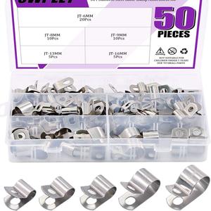 Swpeet 50Pcs 304 Stainless Steel 6mm-16mm Cable Clamps Assortment Kit, Without Rubber Cushioned Clamp, Metal Clamp, Tube Holder for Tube, Pipe or Wire Cord Installation