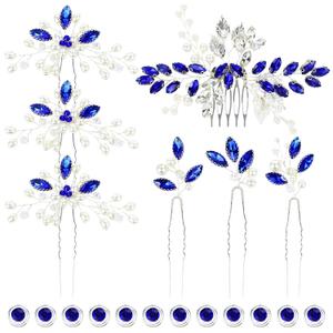 inSowni 7 Pieces Bridal Wedding Silver Pearl Flower Hair Side Combs U-shaped Hairpins & 12pcs Twist Blue Rhinestone Hair Pins Clips Headpieces Accessories for Women Girls