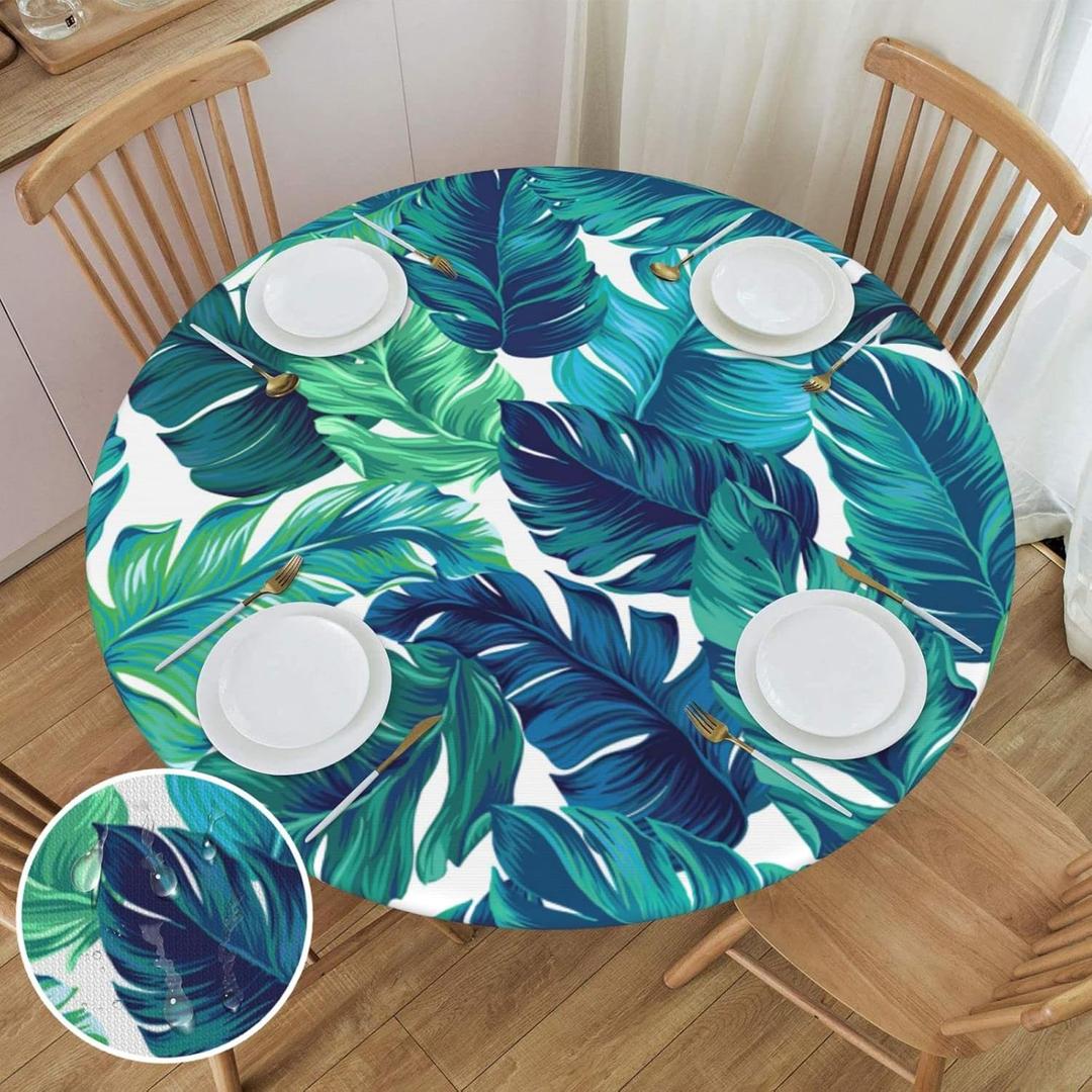 WILL BUDXEG Spring Green Tropical Palm Leaf Summer Round Fitted Table Covers Elastic Edge Circle Tablecloth for Dining Party Holiday Fits Table Up 45"-50" Diameter (Black4)
