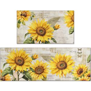 2 Piece Sunflower Kitchen Decor Rugs Set, Farmhouse Country Kitchen Rugs and Mats Non Skid Washable Absorbent Microfiber Kitchen Mats for Floor Mats Accessories Decoration 17"x47"+17"x30" (Yellow)