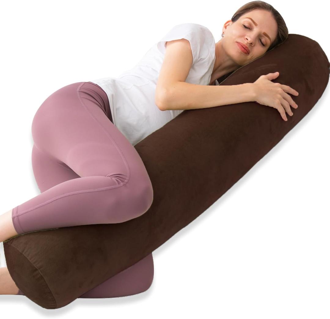 Round Body Pillow for Adults, Long Bolster Pillow for Bed with Removable Velvet Cover, Decorative Tube Roll Cylinder Pillow, 47 x 7.87 Inch, Coffee