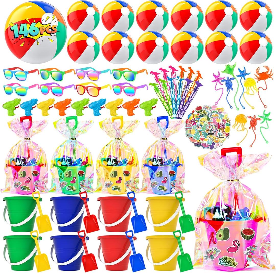 YADIYA Pool Party FavorsBeach Summer Party Favors for Kids,146 PCS Beach Toys For Kids Ages 4-8,Summer Toys with Beach Balls,Kids Sunglasses,Sand Buckets,Sticky Toys-Pool Party Decorations
