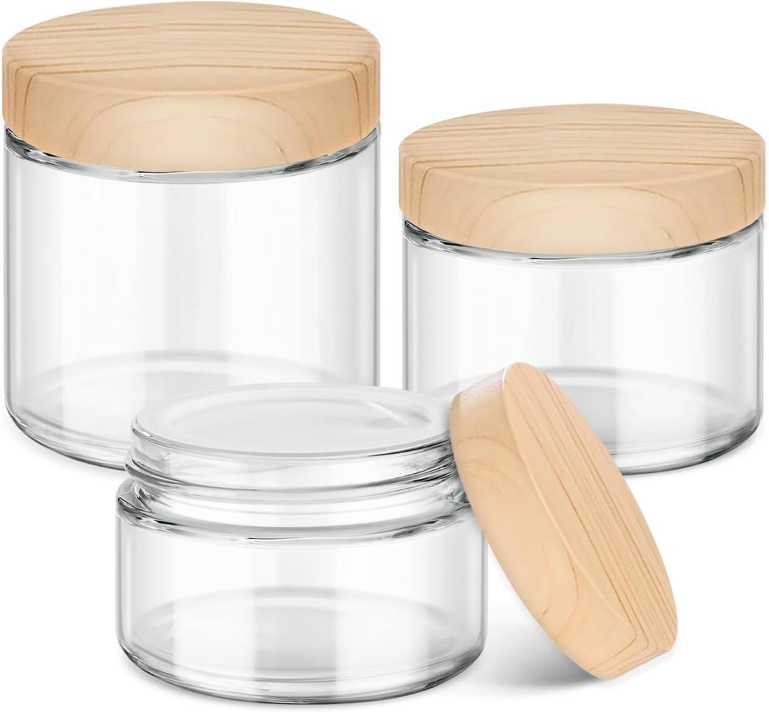 Glass Cosmetic Jars with Plastic Woodgrain Lids, 4 oz, 2 oz 1 oz Small Glass Storage Jars with Lids & Stickers, Reusable Clear Travel Containers for Creams, Lotion, Balms, Ointment 3 pack