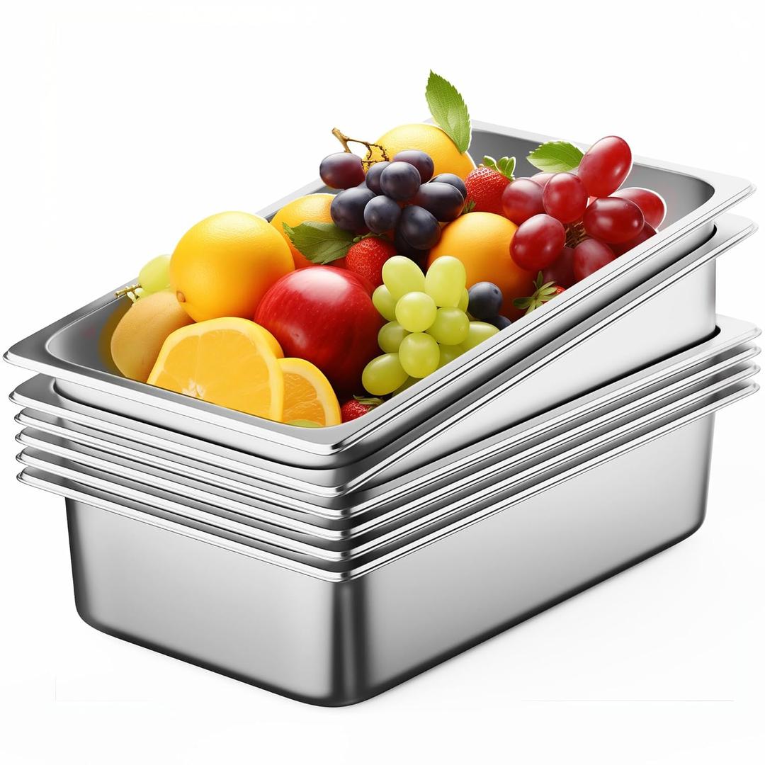 6 Pack Hotel Pans, Full Size 6" Deep Stainless Steel Steam Table Pan, 20.8" L x 12.8" W 22 Gauge Metal Commercial Catering Food Pans Anti Jam Food Storage Containers