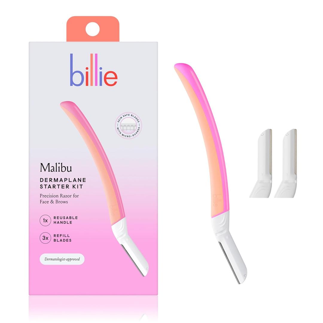 Billie - Dermaplane Starter Kit - Reusable Handle + 3 Refill Blades - Remove Facial Hair + Perfectly Shape Brows - Dermatologist-Approved - Malibu (1 Count (Pack of 1))