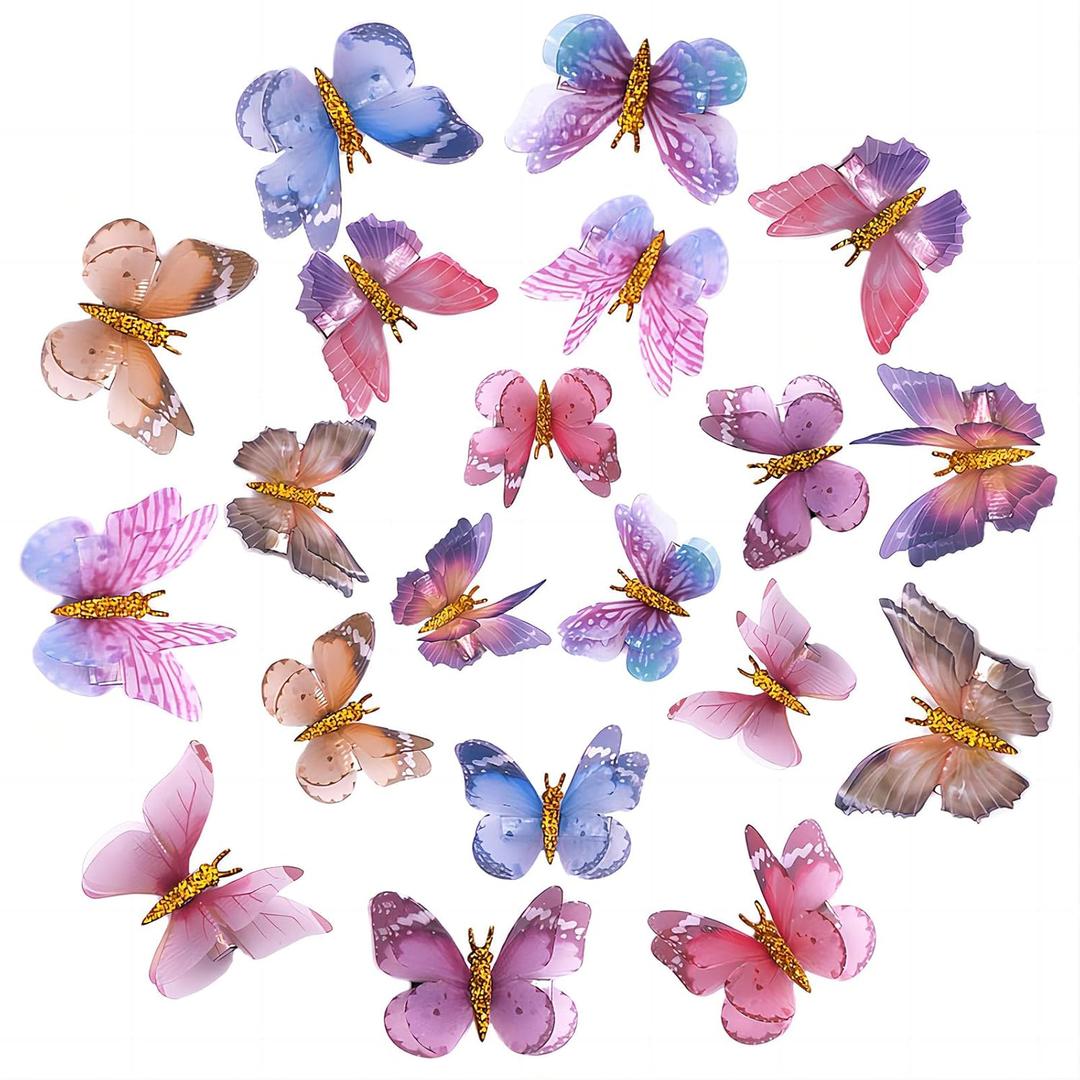 Glitter Butterfly Hair Clips, 20 PCS Double Layer Thin Gauze Hair Clips for Girls Women Butterfly Cute Wedding Headwear Gifts Back to School Hair Accessories