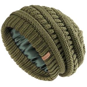 FURTALK Womens Satin Lined Knit Beanie Slouchy Winter Hats Skull Soft Warm Cap Green