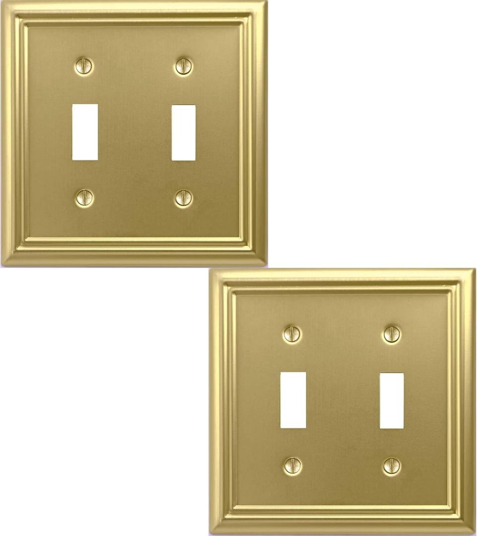 OKAWYC Double Toggle Light Switch Cover Adler Metal Wall Plate, 2-Pack Brushed Brass 2 Gang, for Light Switch Cover Decorative Wallplate, Durable
