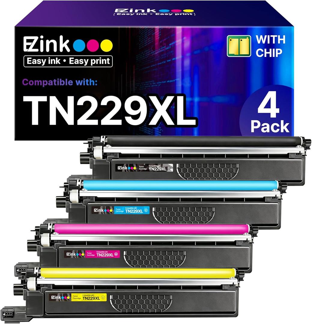 E-Z Ink Compatible TN229XL Toner Cartridges Replacement for Brother TN229XL TN-229XL TN229 XL to use with MFC-L3720CDW MFC-L3780CDW HL-L3220CDW HL-L3280CDW HL-L3300CDW Printer (TN229XLBK/C/M/Y-4 Pack)