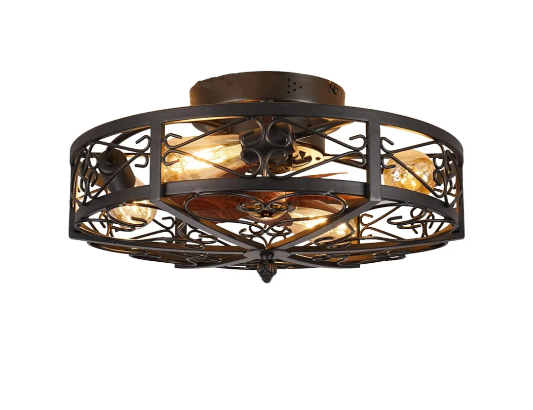 Alaruder Ceiling Fans with Lights Flush Mount,20 Inch Caged Modern Small Black Fan for Bedroom,Low Profile Ceiling Fan with Remote,6-Speed Reversible Quiet Chandelier Fans (4 Bulb Include)