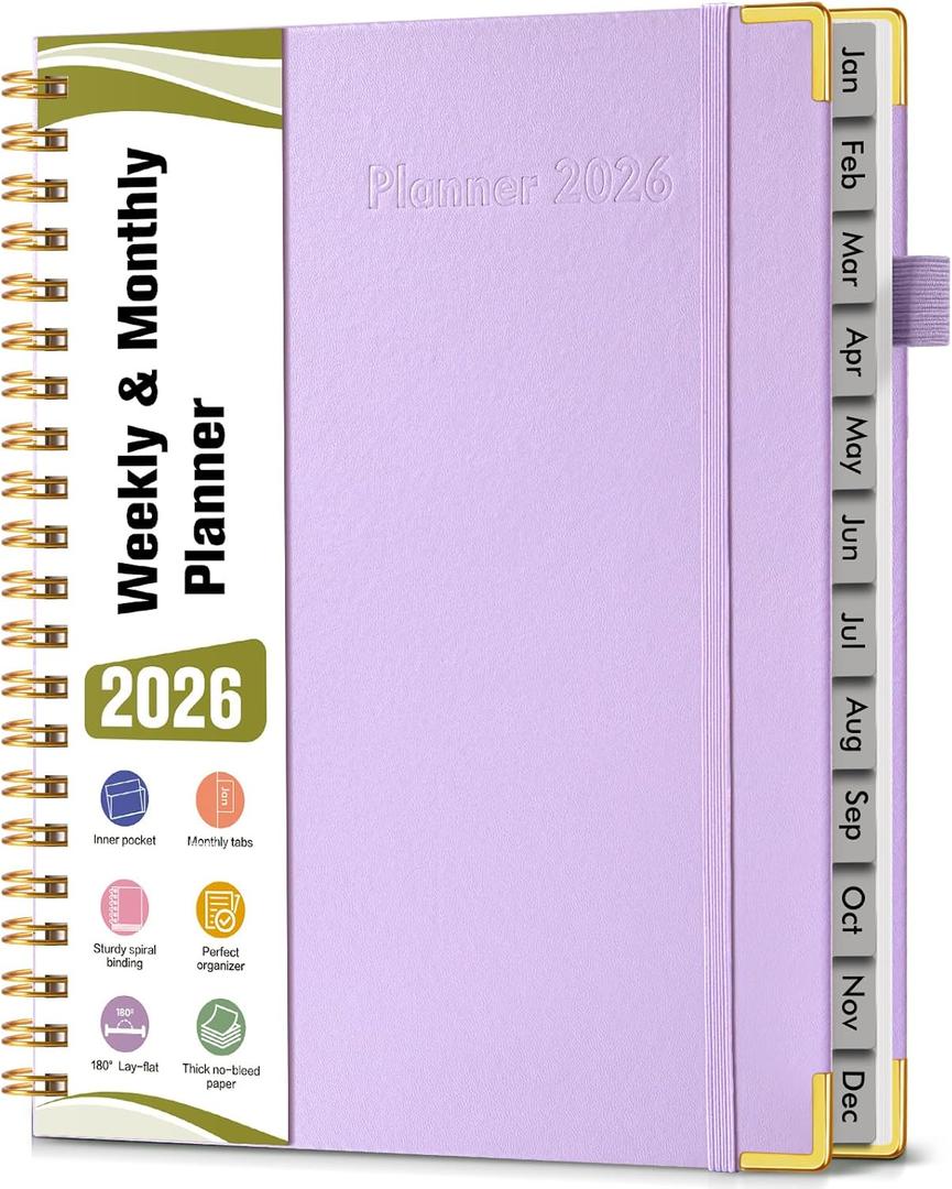 2026 Planner, Hardcover Leather Weekly and Monthly Planner, January 2026 - December 2026, Spiral Yearly Agenda Organizer Book 2026 with Tabs, Daily Calendar Planners for School Work Home, A4 (8.5" x 11"), Purple