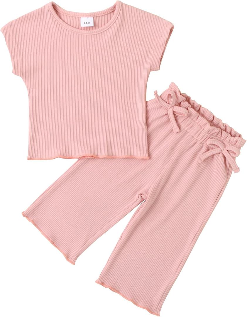 Toddler Baby Girl Summer Clothes Knit Ribbed Short Sleeve T-Shirt Tops + Flowy Wide Leg Pants Two Piece Outfit