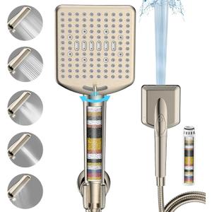 Filtered Shower Head with Handheld Brushed Nickel - High Pressure 6 Modes, 120 Anti-clog Nozzles, Detachable Showerhead with Hard Water Filters, Extra Long 6ft Hose, Power Wash Mode