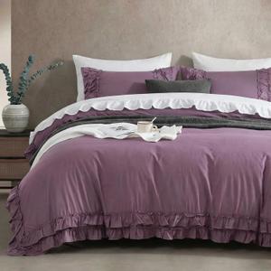 Bedorm King Duvet Cover Set Purple Bedding Set Pleat Ruffled Shabby Chic Comforter Cover Extra Soft & Easy Care Farmhouse Boho Duvet Cover with Zipper Closure
