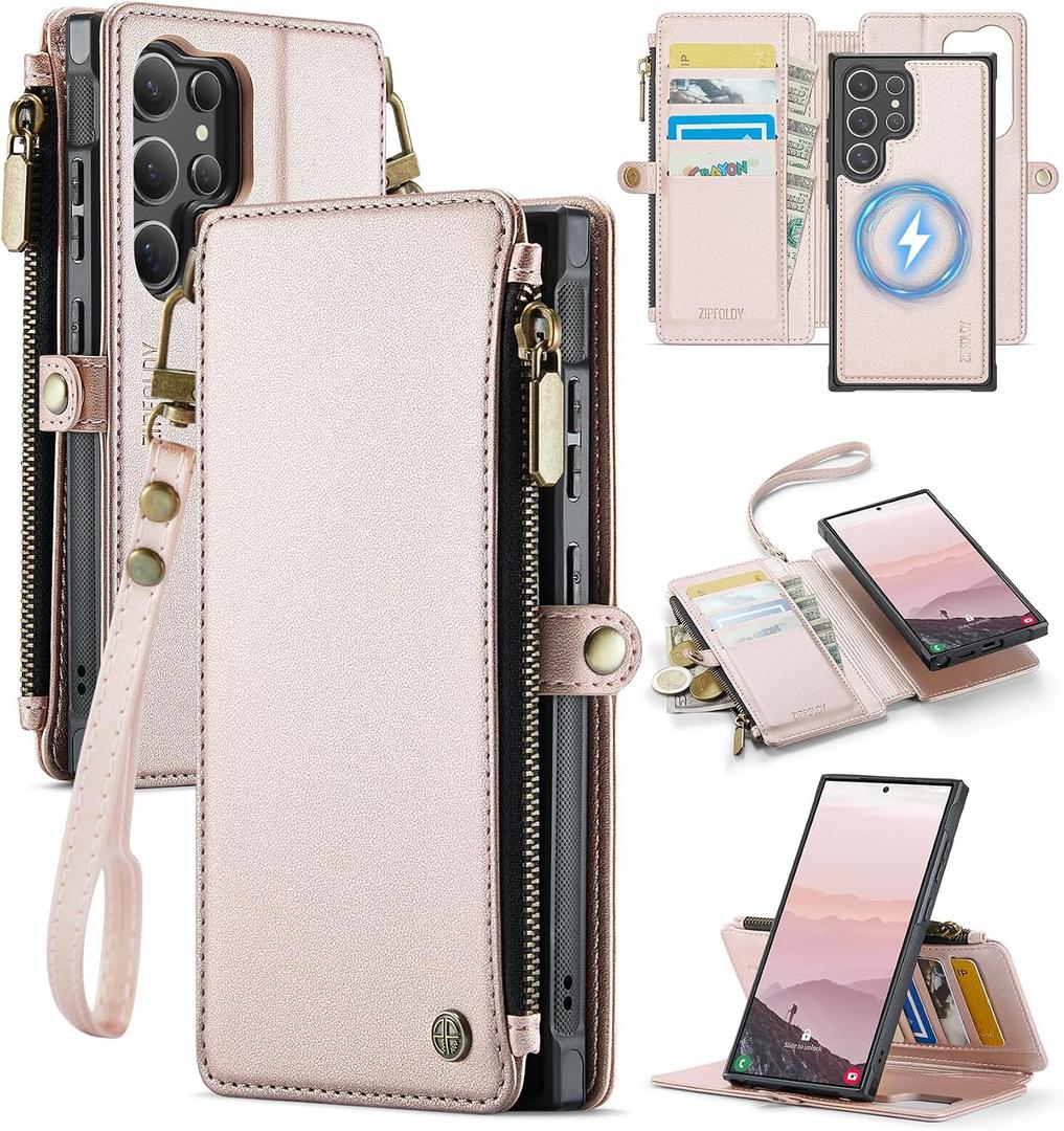 for Galaxy S24 Ultra - Phone Case Wallet Magnetic, Champagne Gold | Detached for Magsafe, RFID Blocking Card Holder, Zipper, Wrist Strap, for Women Men, PU Leather, for Samsung Galaxy S24 Ultra