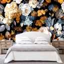 WFBHUA-Black and Gold Floral Wallpaper for Bedroom Vintage Blue Peony Flower Wall Mural (Not Peel and Stick)