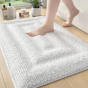 Color&Geometry 32x20 Ultra Soft Chenille White Bathroom Rugs, Non-Slip Bath Mat with Elastic Fabric Backing, Super Absorbent and Washable Shower Mats for Inside Shower,Tub,Bathroom, White