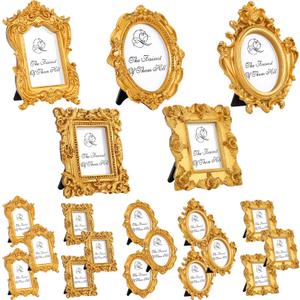 Maitys 20 Pcs Mini Picture Vintage Frames with Stands Tiny Antique Photo Baroque Ornate Resin Oval Frame Table Top Display Home Wedding Decor (Gold)