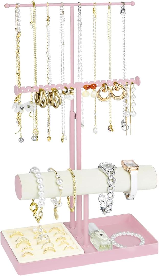 Jenseits Jewelry Holder Stand Organizer, 3-Tier Necklace Holder w/Bracelet Holder Display & Velvet Rings Tray, Pink Jewelry Organizer for Women Girls, Cute Aesthetic Jewelry Hanger Tower Storage Rack