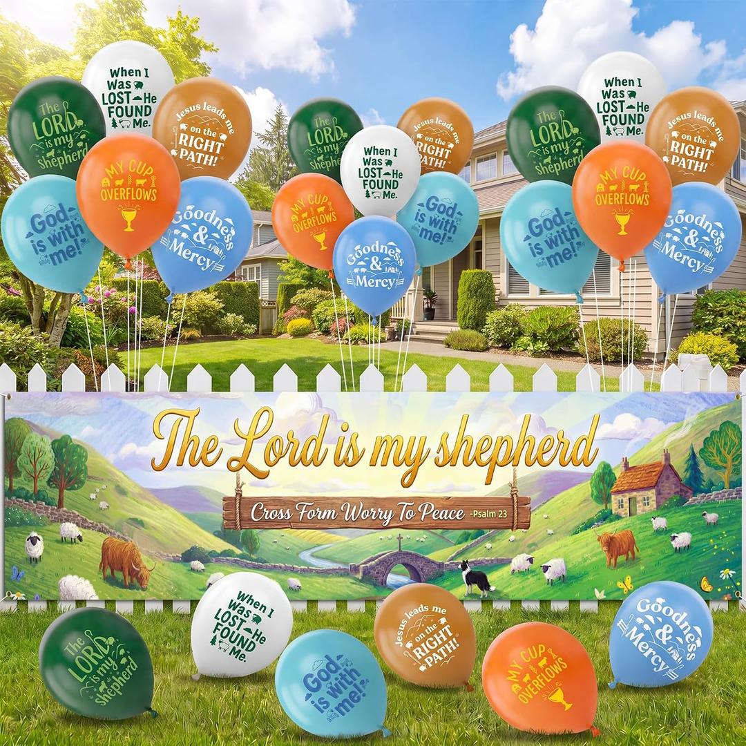 Thenshop 31 Pcs 2026 Vbs Backdrop 8.7 x 2 ft Vbs Shepherds Background Banner and Balloon with Ribbon 2026 Emerald Isle Theme Decoration Bible School Backdrop for Wall Home Classroom Summer Booth Props