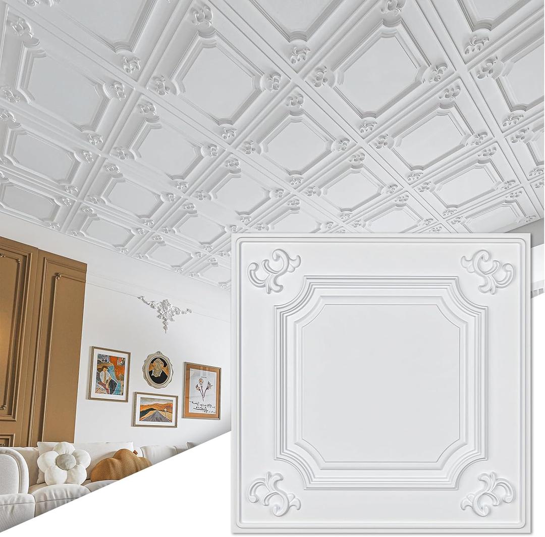 Art3d Drop Ceiling Tiles 24x24 in White (12-Pack, 48 Sq.ft), Wainscoting Panels Glue Up 2x2