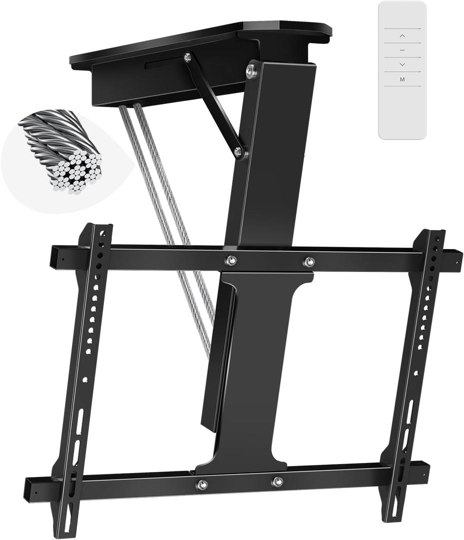 Electric Ceiling TV Mount with Remote, Motorized Ceiling Mount TV Bracket Flip Down for 32 to 71 inch Flat Curved Screen Mount Drop Down for Flat Pitched Roof Indoor Outdoor(Black)