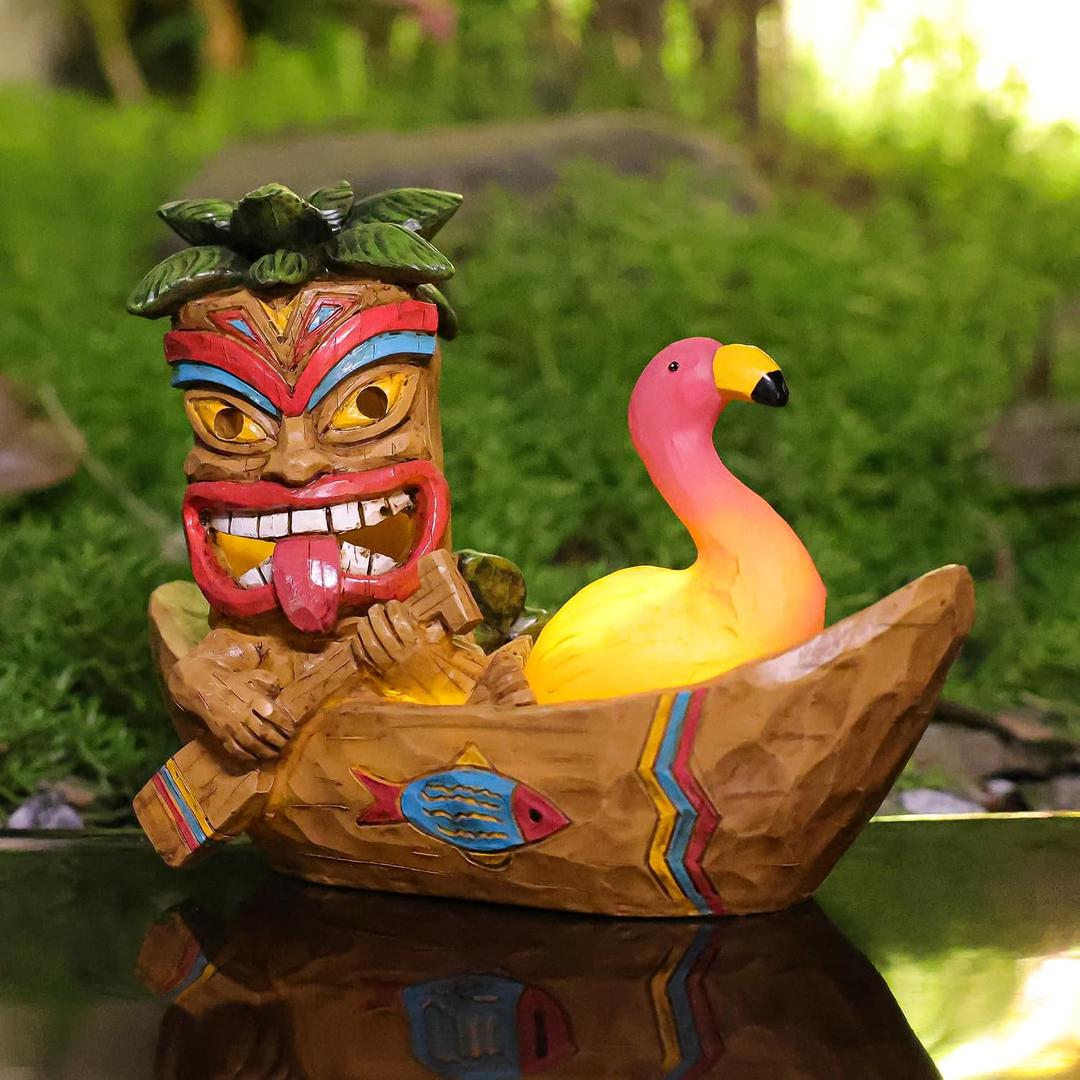 Solar Tiki Statue Outdoor Decor-Tiki Bar Decor -Outdoor Tiki Statue Decoration for Garden,Lawn,Balcony,Yard,Tiki Flamingos Boating Hawaiian Tropical Decor Figurine Gift