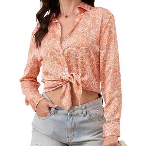 Wrinkle-Resistant Women Silky Button Down Shirts 2025 Fashion Printed Long Sleeve Blouse Dressy Casual Tops, M