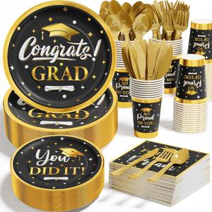 Graduation Decoration Class of 2026, 350PCS Graduation Party Supplies Disposable Dinnerware(Serve 50) with Paper Plates Cup Napkin Fork Knife Spoon College High School Grad Decor(Black & Gold)