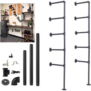 5 tier Industrial Wall Mount Iron Pipe Shelf Shelving Bracket Vintage Retro Ceiling Hung shelf DIY Open Bookshelf Storage for office Room Kitchen (2PcsX5Tier,70" Tall,12"deep,Hardware Only)