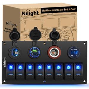 Nilight 8 Gang Rocker Switch Panel Waterproof Aluminum Marine with PD Type C & USB Charger Cigarette Lighter Socket Voltmeter Inline Fuse 12V 24V ON Off Pre-Wired Switches for Car Truck Boat