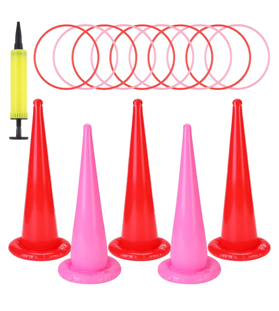 16 Pcs Pink Ring Toss Game Set Wedding Party Games with Inflatable Ring Toss and Pump Indoor Outdoor Garden Game Supplies for Home Family Carnival Party Decorations