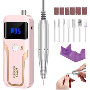 MOCOWIND Portable Nail Drill Professional 35000 RPM, Rechargeable Electric Nail File Machine Cordless E-File for Acrylic Gel Polishing Removing with Bits Kit for Manicure Salon Home, Pink