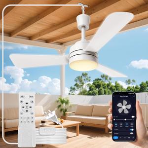 PBLALA Ceiling Fans with Lights,28" LED Fan Light Hanging with Hook,Hook Type Ceiling Fan,Plug in Ceiling Fan Light,35W,3000-6500k,Remote Control,Portable Fan for Camping Bed,Patios,(White)