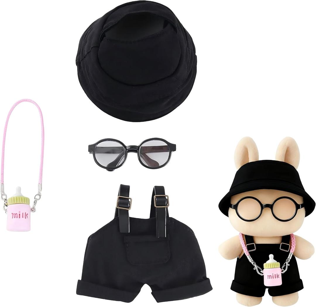 4-Piece 17cm Doll Clothes Set Clothes for Dolls Black Overalls, Fisherman Hat, Glasses & Pendant  17cm Doll Overalls Accessories Only