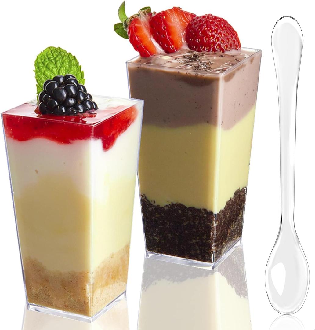 TOFLEN 100 Pack 3 oz Square Mini Dessert Cups with Spoons Clear Plastic Dessert Shooter Cups for for Party, Yogurt, Parfait, Cheesecake, Pudding, Jello and Appetizers