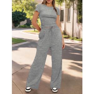 Women's 2 Piece Lounge Set Ruched Short Sleeve Tops High Waisted Wide Leg Pants (Large, Color Grey)
