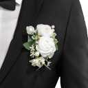 Ling's moment Pocket Boutonniere Single, Boutonniere for Men Groom for Wedding, Prom, Homecoming, Anniversary, Graduation, etc.White Ranunculus Ivory, 6" W x 5" H