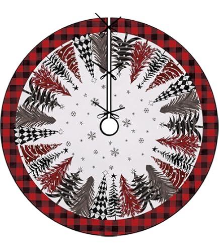 Fzbali Red Christmas Tree Skirt, 48 Inches Lace-up Farmhouse Buffalo Plaid Snowflake Xmas Tree Skirt, Winter Holiday Party Indoor Decoration Home Decor