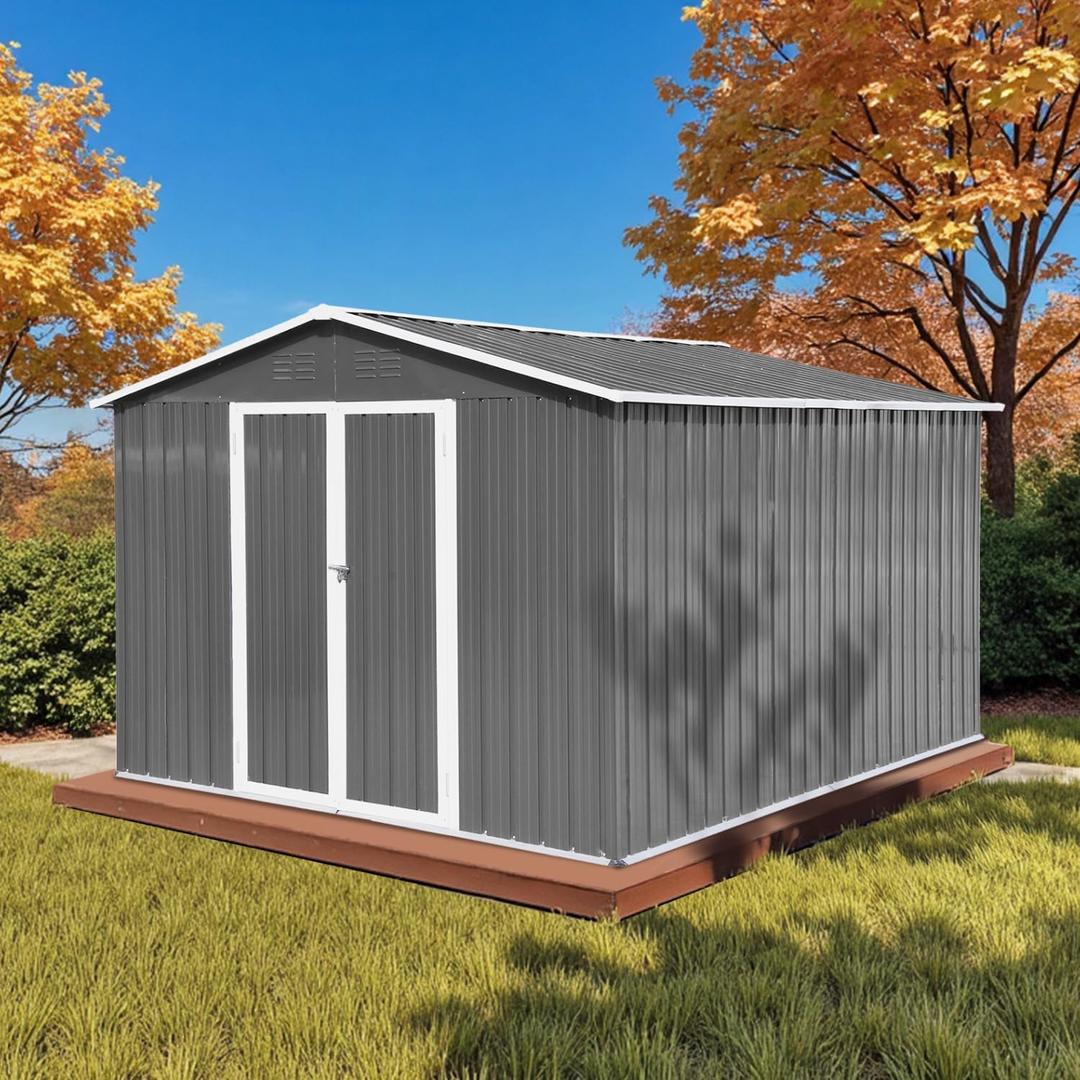 10' x 8' XL Outdoor Storage Shed, Sturdy Metal Building w/Lockable Doors for Garden, Backyard, Poolside and Lawn, Grey