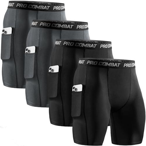 Niksa 4 Pack Compression Shorts Men with Pocket, Spandex Running Shorts Sport Athletic Workout Performance Underwear S