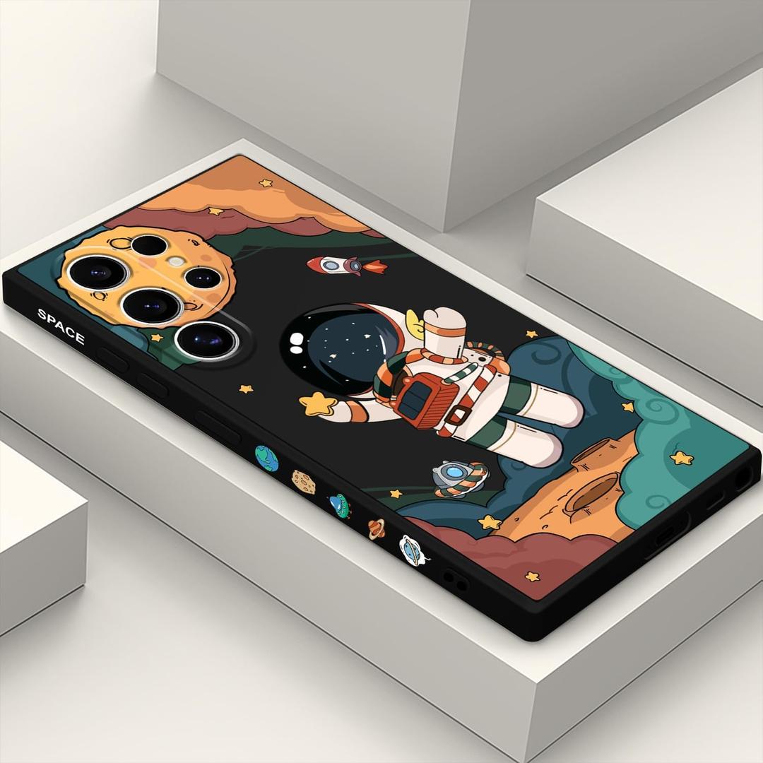 for Samsung Galaxy S24 Ultra Case, Astronaut Pattern Slim Liquid Silicone Anti Slip for Galaxy S24 Ultra Phone Case 6.8 inch, Astronauts Black