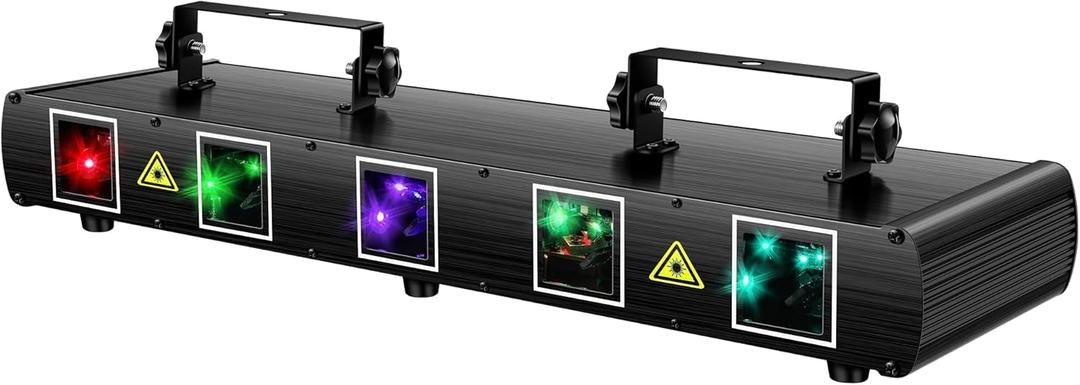 U`King DJ Laser Light, 5 Beam Effect Sound Activated DJ Party Lights RGBYC LED Laser Light Show with DMX Control for Disco Dancing Birthday Bar Stage Lighting ((22.4*6.1*4.5in))