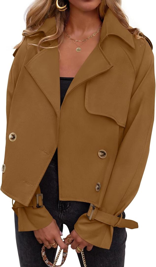ZESICA Women's Long Sleeve Crop Trench Coat Lapel Double Breasted Loose Casual Jacket with Pockets (Brown)